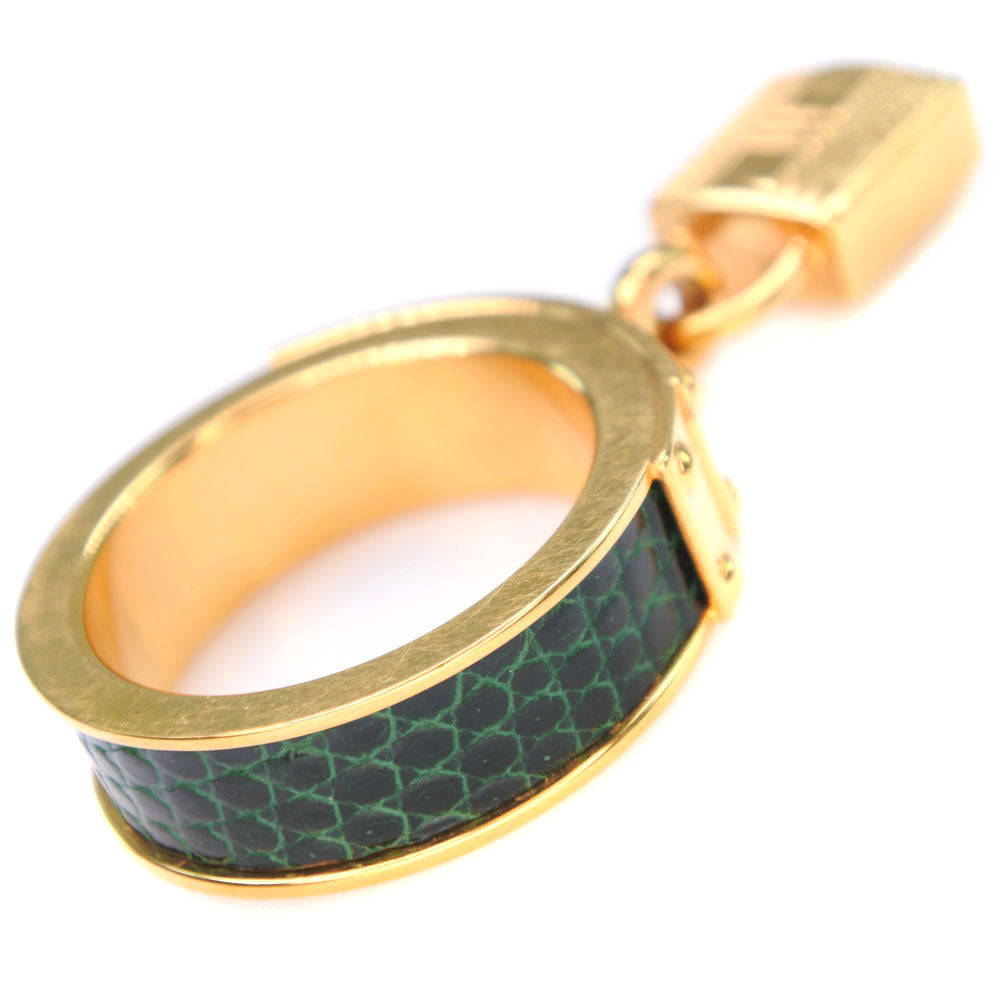 HERMES Scarf ring Leather brass gold Cadena motif Kelly Women Used Authentic