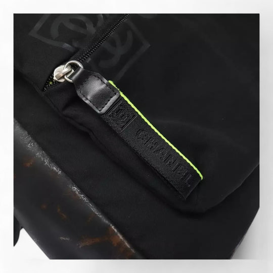 Chanel Sports Shoulder Bag Nylon Black Silver Unisex CC Logo Adjustable Strap
