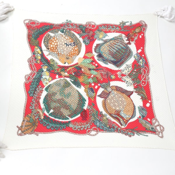 HERMES scarf silk Red x white Pleated scarf PleatedCarre Fish pattern Women Used Authentic