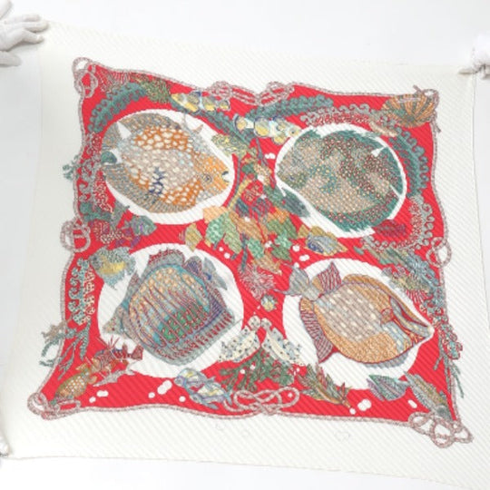 HERMES scarf silk Red x white Pleated scarf PleatedCarre Fish pattern Women Used Authentic