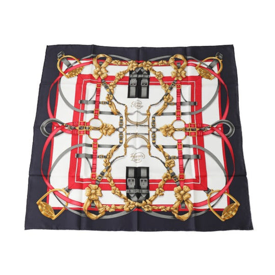 HERMES scarf silk Navy big training Carre90 Crano Manege Women Used Authentic