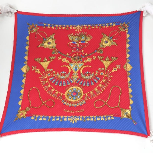 HERMES scarf silk Blue x red Pleated scarf PleatedCarre Jewelry pattern Women Used Authentic