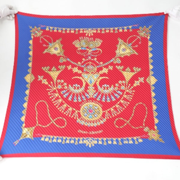 HERMES scarf silk Blue x red Pleated scarf PleatedCarre Jewelry pattern Women Used Authentic