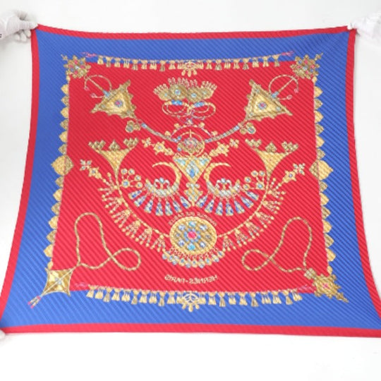 HERMES scarf silk Blue x red Pleated scarf PleatedCarre Jewelry pattern Women Used Authentic