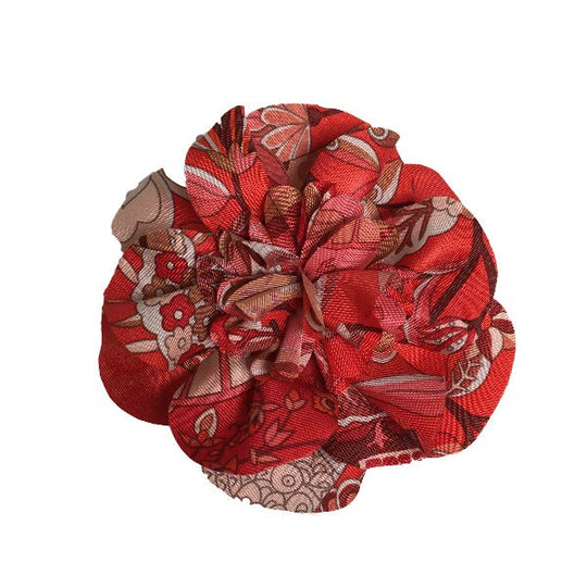 HERMES Brooch silk Red corsage flour Women Used Authentic