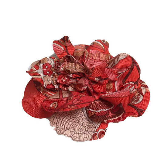 HERMES Brooch silk Red corsage flour Women Used Authentic
