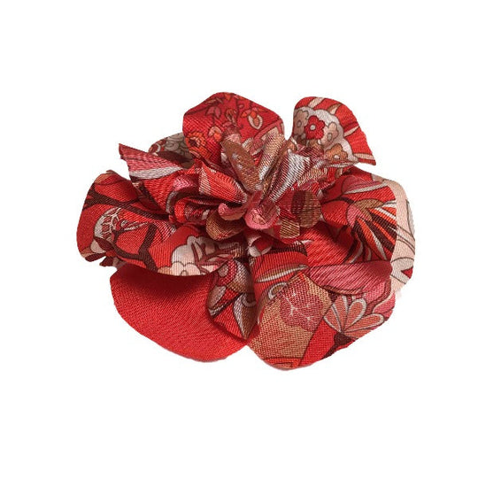 HERMES Brooch silk Red corsage flour Women Used Authentic