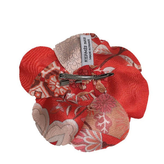 HERMES Brooch silk Red corsage flour Women Used Authentic