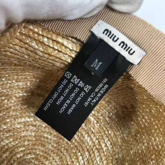 MIUMIU cap 5HC154 Straw, Silk beige Hat cap cap ribbon ribbon straw cap M