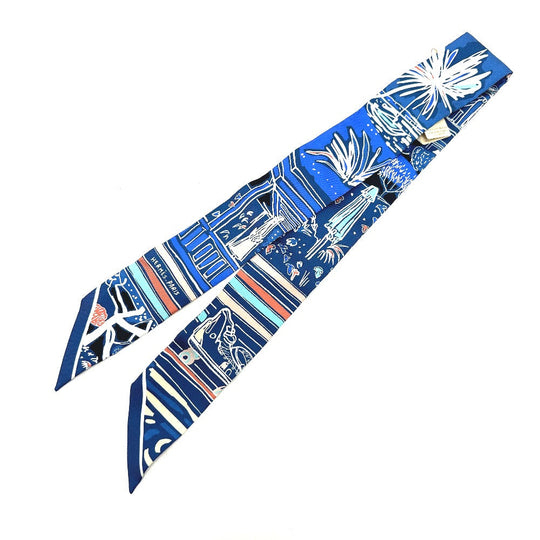 HERMES scarf silk blue RAYURES DETE Twilly Women Used Authentic