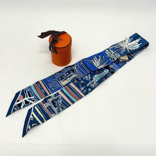 HERMES scarf silk blue RAYURES DETE Twilly Women Used Authentic