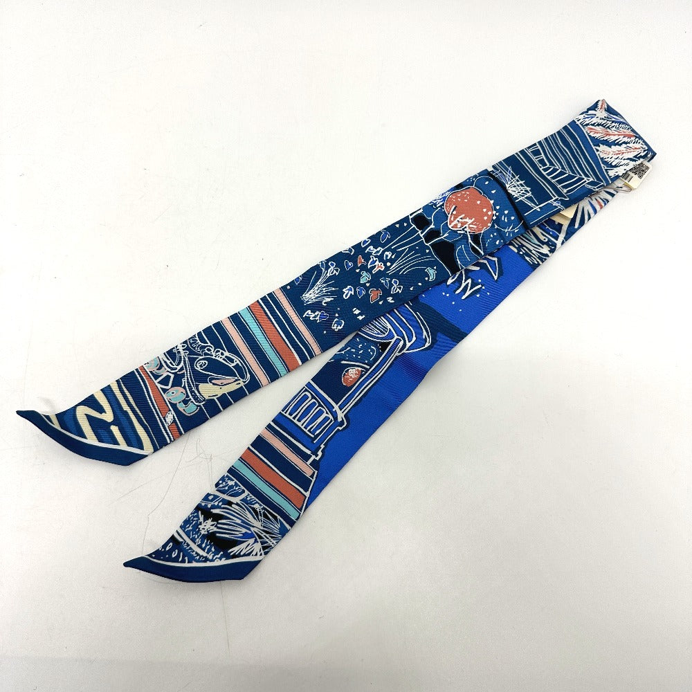 HERMES scarf silk blue RAYURES DETE Twilly Women Used Authentic