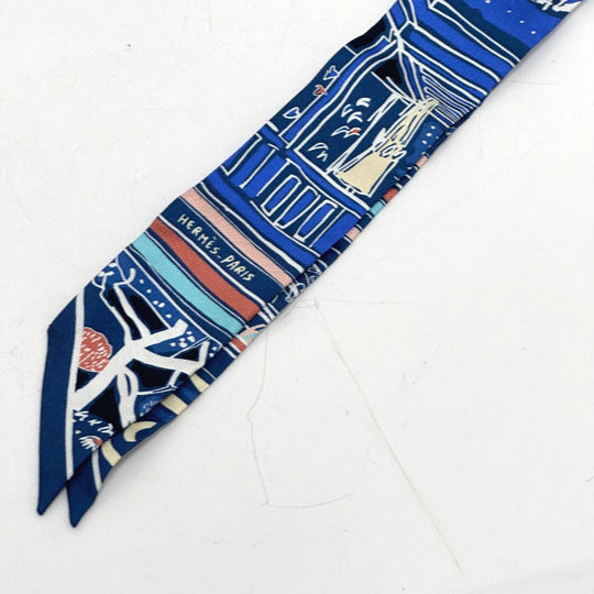 HERMES scarf silk blue RAYURES DETE Twilly Women Used Authentic