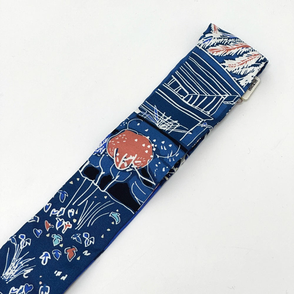 HERMES scarf silk blue RAYURES DETE Twilly Women Used Authentic