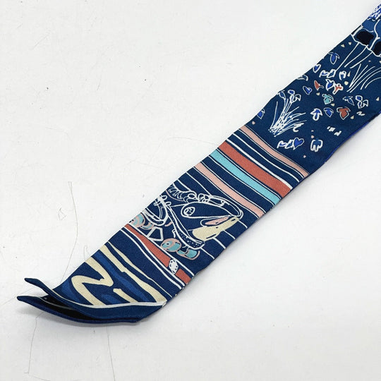 HERMES scarf silk blue RAYURES DETE Twilly Women Used Authentic