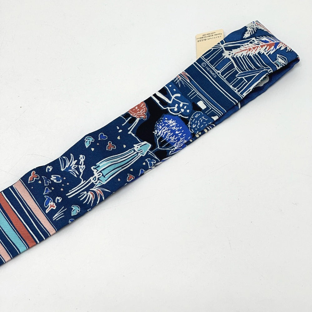 HERMES scarf silk blue RAYURES DETE Twilly Women Used Authentic
