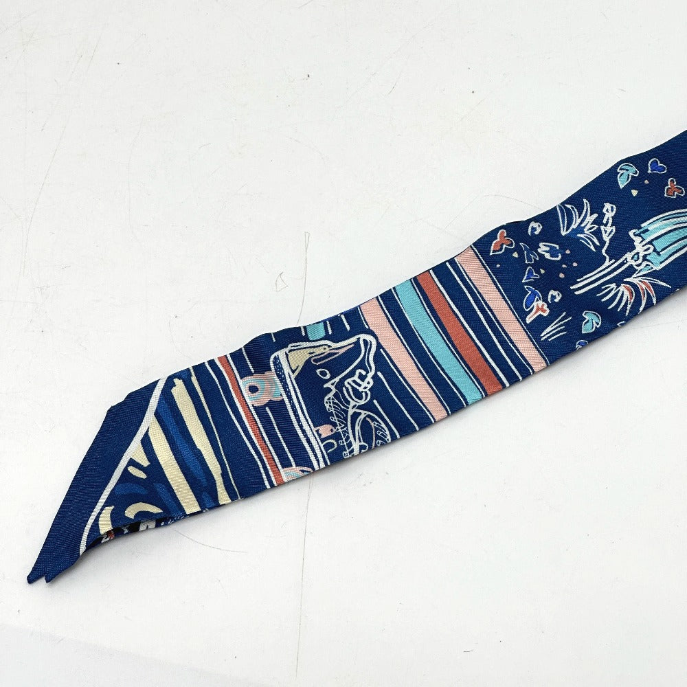HERMES scarf silk blue RAYURES DETE Twilly Women Used Authentic
