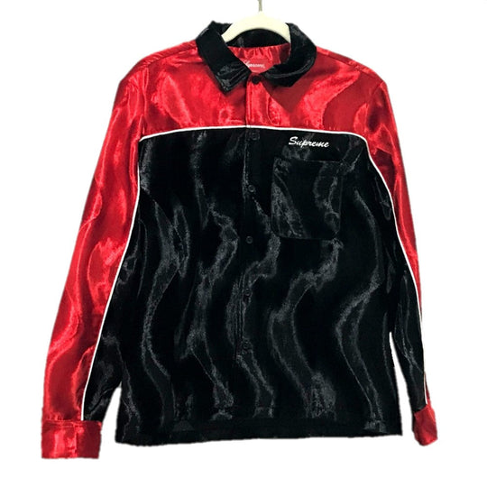 Supreme Long sleeve shirt polyester Red x black Velvet work 18AW Velvet Swirl Work Shirt mens S Used Authentic