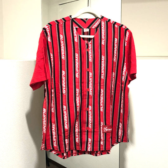Supreme Short sleeve shirt cotton Red Jacquard logo Baseball jersey shirt mens S Used Authentic