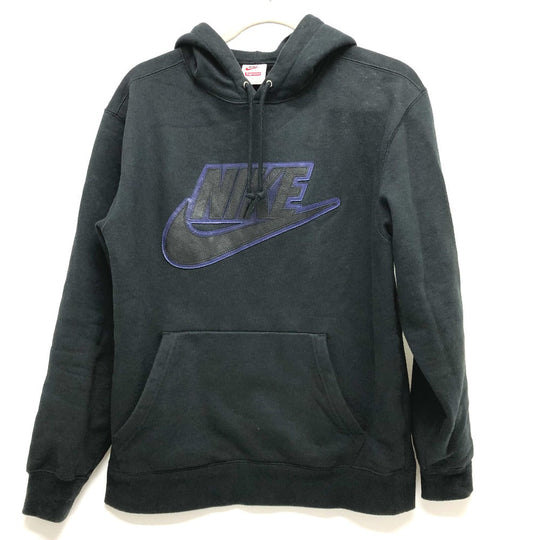 Supreme Hoodie cotton black Apparel/Trainers Nike logo leather patch mens S Used Authentic