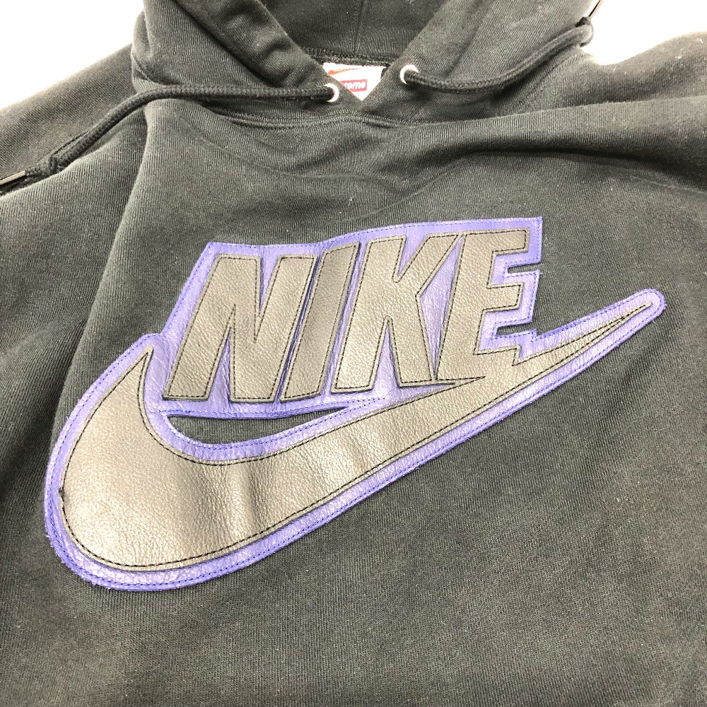 Supreme Hoodie cotton black Apparel/Trainers Nike logo leather patch mens S Used Authentic