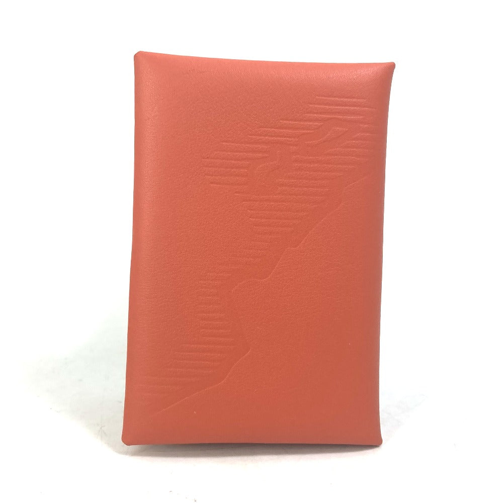 HERMES Card Case Swift Orange Business Card Holder Pass Case kalvi palm tree design unisex(Unisex) Used Authentic