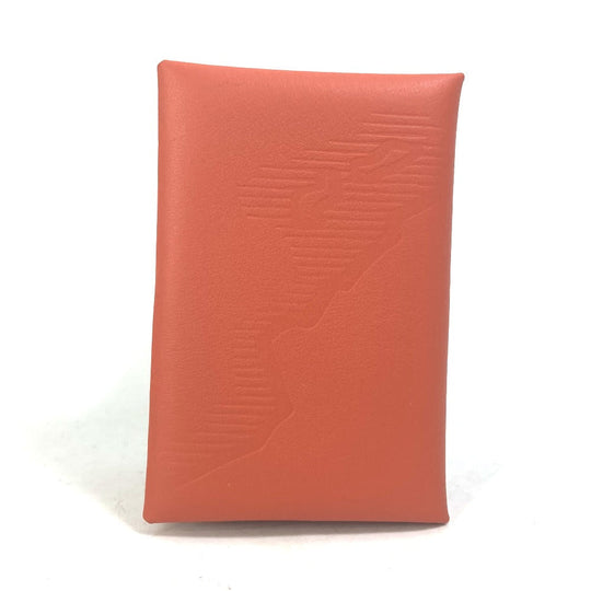 HERMES Card Case Swift Orange Business Card Holder Pass Case kalvi palm tree design unisex(Unisex) Used Authentic