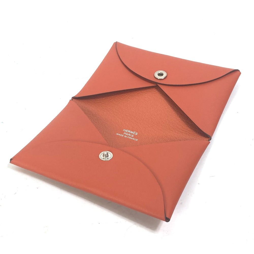 HERMES Card Case Swift Orange Business Card Holder Pass Case kalvi palm tree design unisex(Unisex) Used Authentic