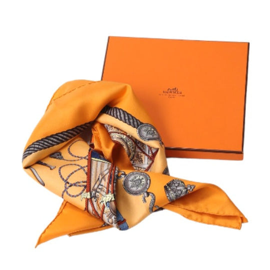 HERMES scarf silk Orange scarf Carre90 100% silk Women Used Authentic