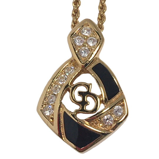Dior Necklace Gold Plated Gold / Black Necklace Gold Plated CD logo Rhinestone Women Used Authentic