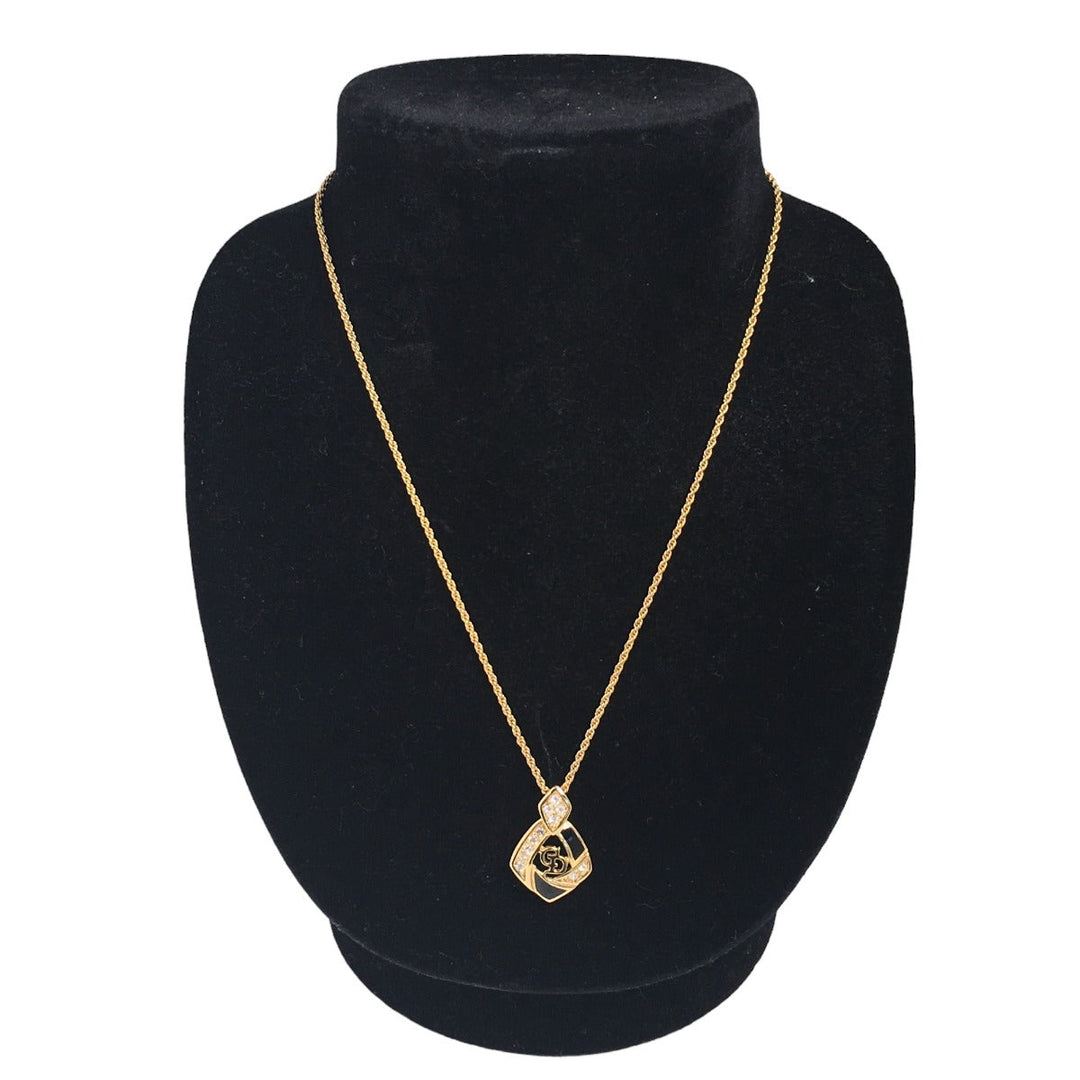 Dior Necklace Gold Plated Gold / Black Necklace Gold Plated CD logo Rhinestone Women Used Authentic
