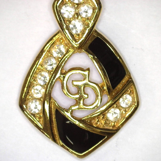 Dior Necklace Gold Plated Gold / Black Necklace Gold Plated CD logo Rhinestone Women Used Authentic