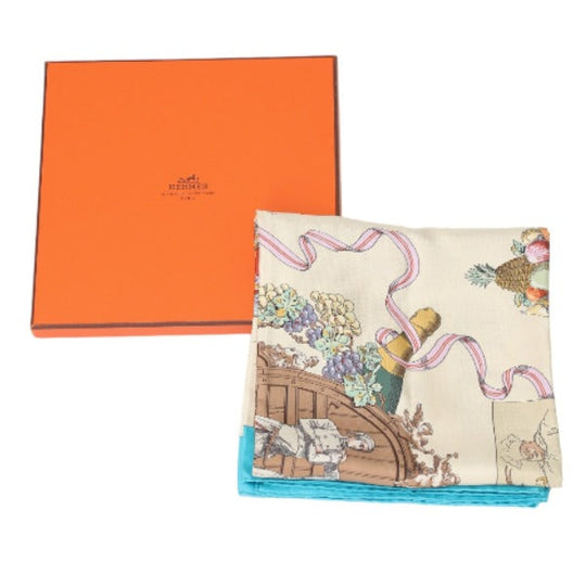 HERMES scarf silk blue scarf With Box 100% silk unisex(Unisex) Used Authentic