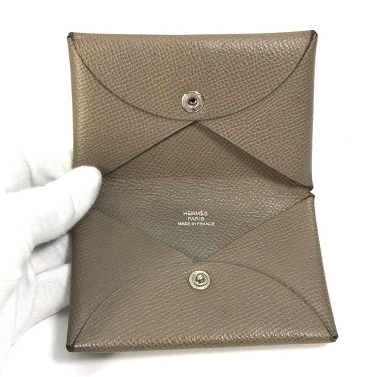 HERMES Card Case Epsom gray Two fold Calvi Women Used Authentic