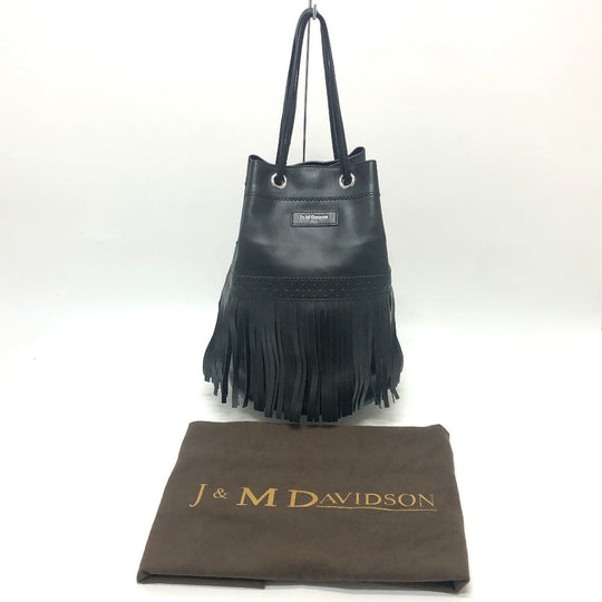 J&M Davidson Shoulder Bag leather black logo fringe Women Used Authentic
