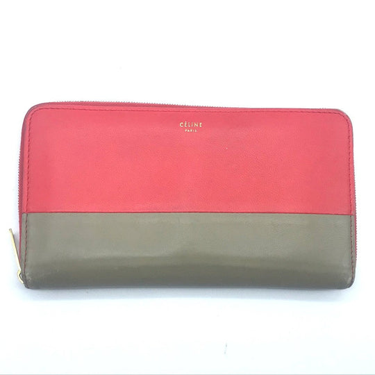 CELINE Long Wallet Purse lambskin Red typex beige Zip Around Long wallet Women Used Authentic