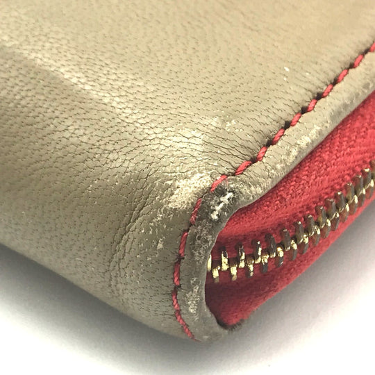 CELINE Long Wallet Purse lambskin Red typex beige Zip Around Long wallet Women Used Authentic