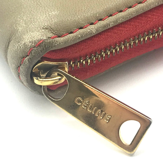 CELINE Long Wallet Purse lambskin Red typex beige Zip Around Long wallet Women Used Authentic