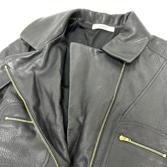 CELINE Riders jacket Leather, Cotton black Women 34 Used Authentic