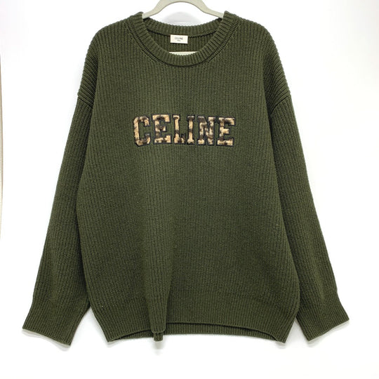 CELINE sweater 2AB97 wool khaki logo Leopard Pattern mens L Used Authentic