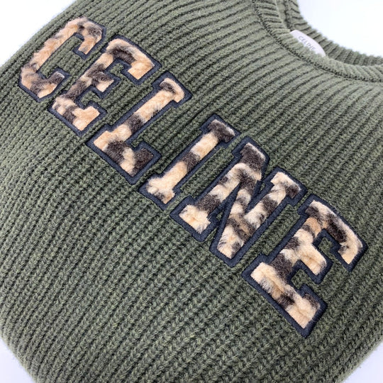 CELINE sweater 2AB97 wool khaki logo Leopard Pattern mens L Used Authentic