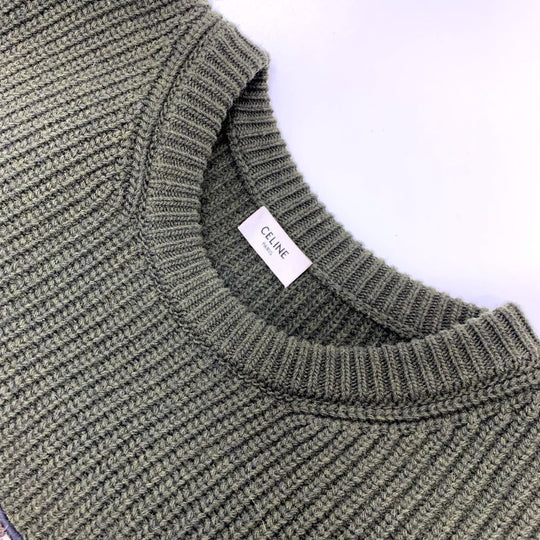 CELINE sweater 2AB97 wool khaki logo Leopard Pattern mens L Used Authentic