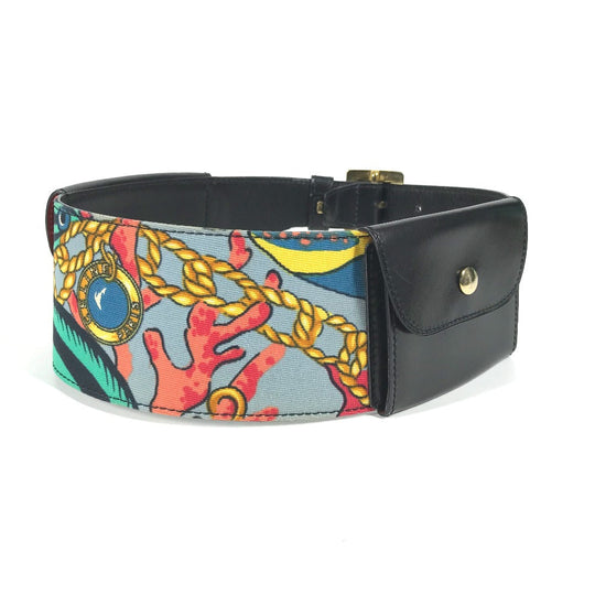 CELINE belt Leather, Silk black Vintage Wide Belt Scarf Pattern Women 65 Used Authentic