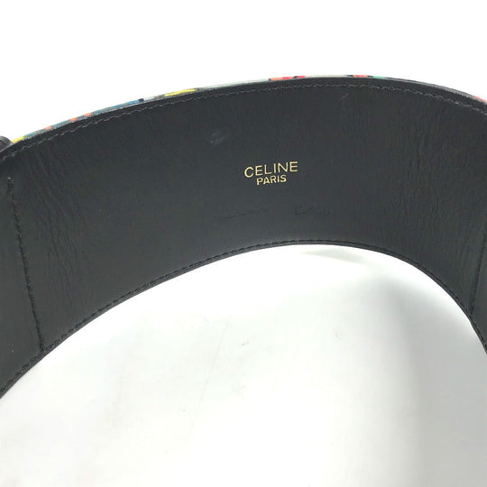 CELINE belt Leather, Silk black Vintage Wide Belt Scarf Pattern Women 65 Used Authentic