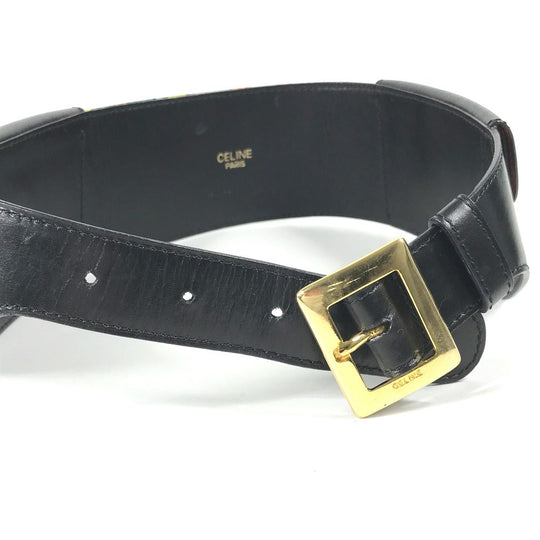 CELINE belt Leather, Silk black Vintage Wide Belt Scarf Pattern Women 65 Used Authentic