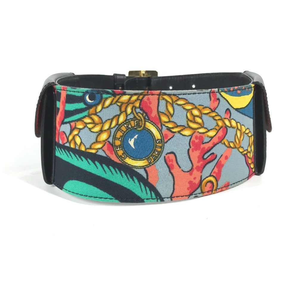 CELINE belt Leather, Silk black Vintage Wide Belt Scarf Pattern Women 65 Used Authentic