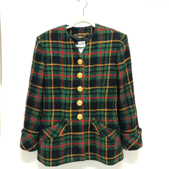 CELINE Jacket tweed Green/Yellow/Red/Black Vintage Check Macadam Button Jacket Outerwear Apparel Women 44 Used Authentic
