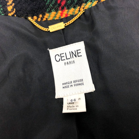 CELINE Jacket tweed Green/Yellow/Red/Black Vintage Check Macadam Button Jacket Outerwear Apparel Women 44 Used Authentic