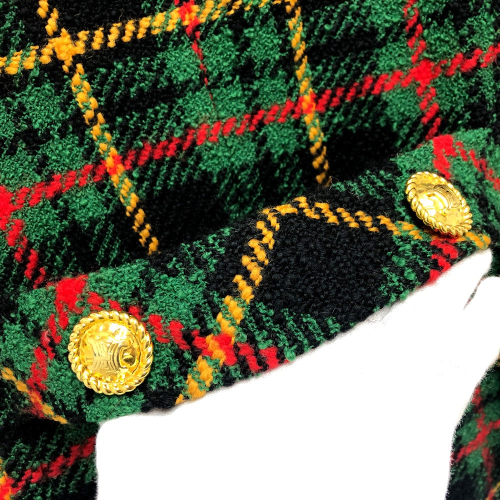 CELINE Jacket tweed Green/Yellow/Red/Black Vintage Check Macadam Button Jacket Outerwear Apparel Women 44 Used Authentic