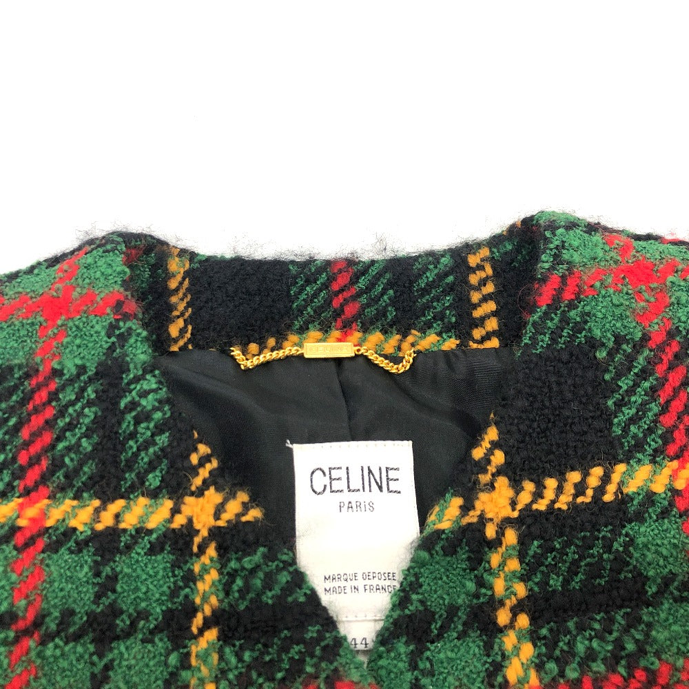 CELINE Jacket tweed Green/Yellow/Red/Black Vintage Check Macadam Button Jacket Outerwear Apparel Women 44 Used Authentic
